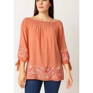 Unity World wear orange boho loose fitting 3/4 sleeve blouse tie cold shoulder M